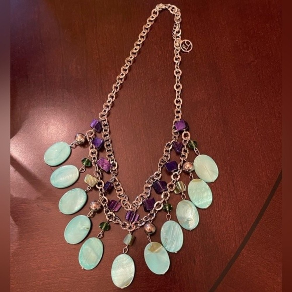 Erica Lyons Turquoise Purple Dyed Shell Necklace Silver Tone # 268 Signed - Picture 5 of 6